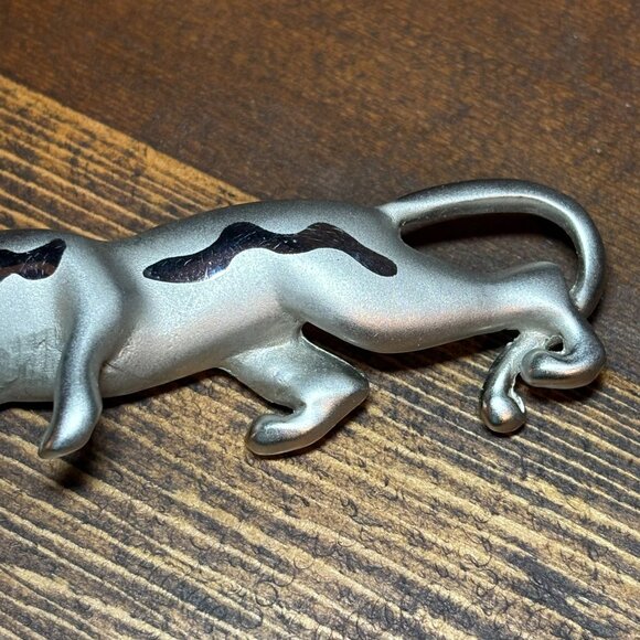 Vintage Pewter Panther Brooch with Green Rhinestone Eyes – 3” L x 1” H - 1980's - Picture 5 of 7